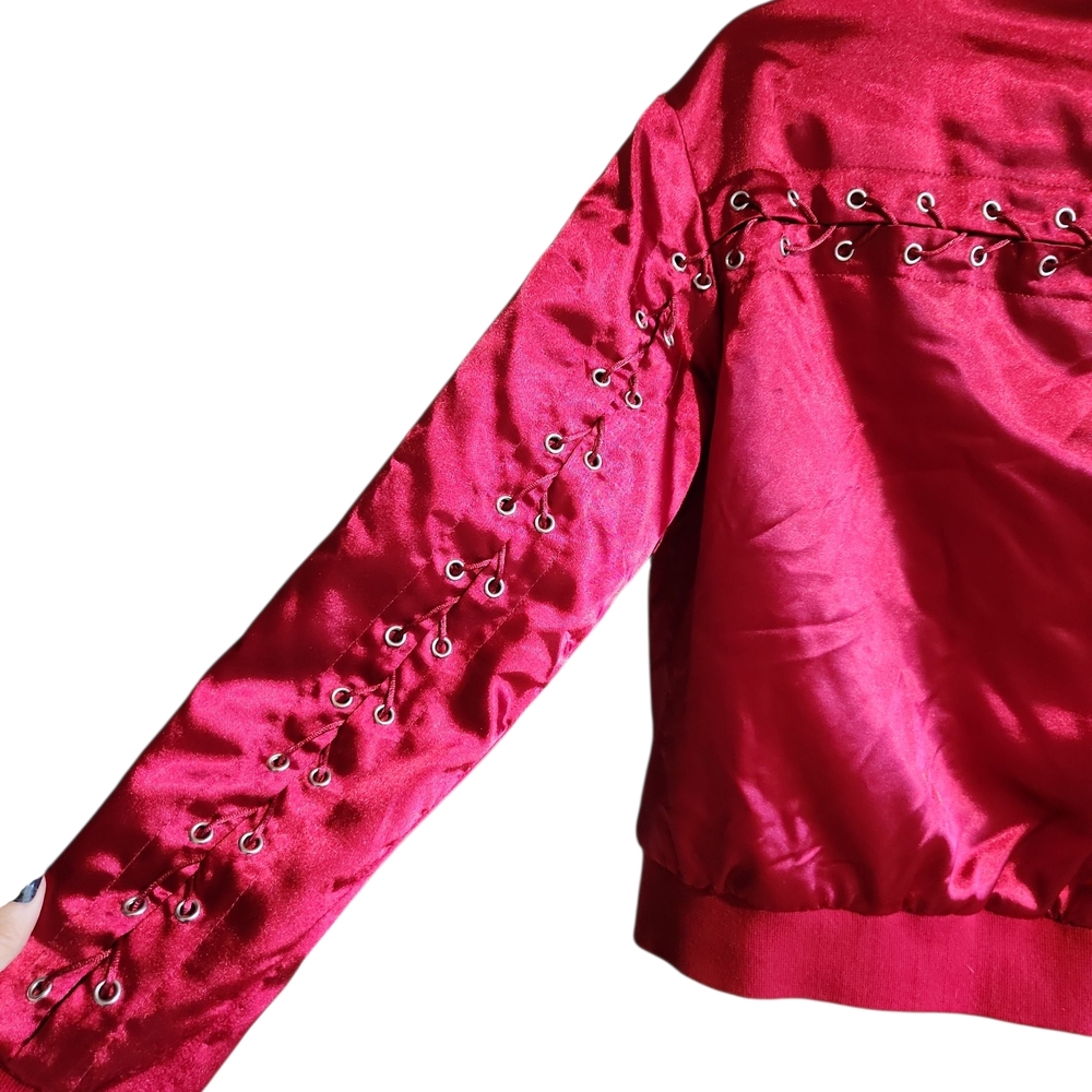 Simplee Apparel Vibrant Red Bomber Jacket with Eyelet Details